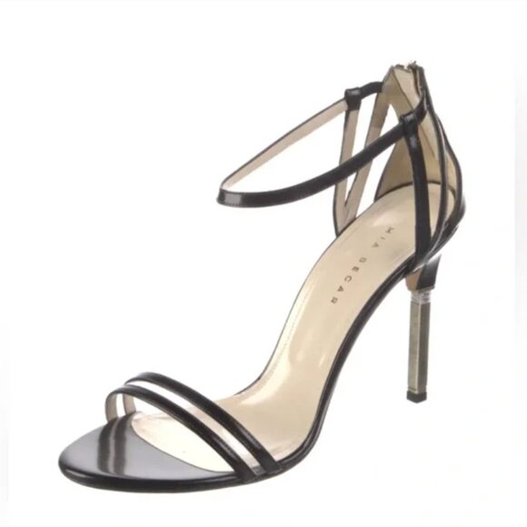 Mia Becar Leather Black Gold Heel back zipper High Heels open toe 38.5 US 8.5 - Picture 2 of 13